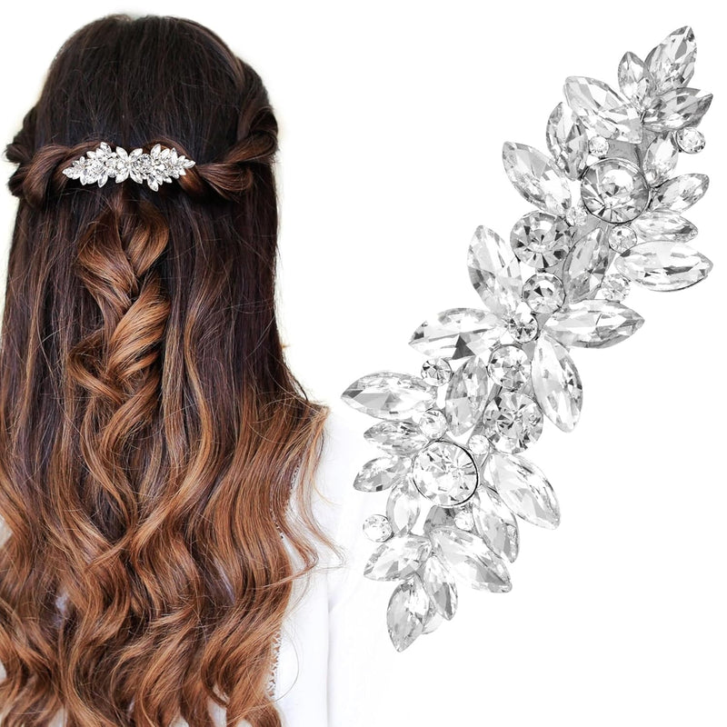 HINZIC Sparkly Rhinestone Hair Clip Silver Crystal Prom Barrettes Wedding Engagement Pageant Formal Dressy Decorative Accessories for Bride Women Girls Thick Long Hair