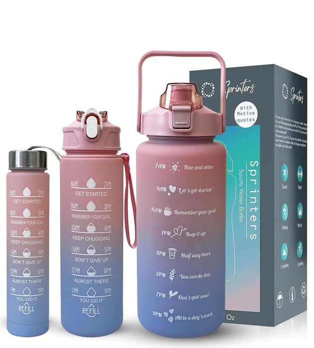 SPRINTERS - Large 2 Liters 64Oz BPA Free Multicolor Water Bottle - Leak Proof With Straw, Motivational Quote And Time Marker, Anti Slip For Sports,Fitness, Gym (Pink/Blue Pack Of 3)