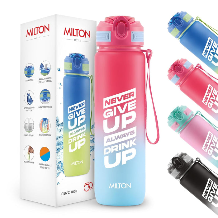 MILTON 1000ml Motivational Water Bottle with Straw & Capacity Marker (Never Give Up) – Unbreakable, BPA-Free Plastic Drinking Bottle for Gym, Sports, & Camping for Kids, Men & Women - Gen'Z - Red