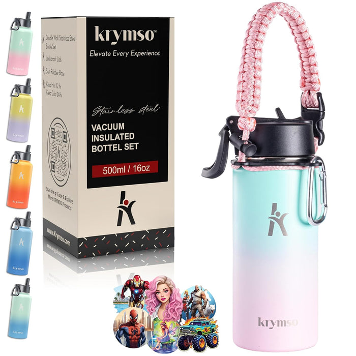 KRYMSO, 500ml Stainless Steel Water Bottle with Ai Stickers for Kids with Straw, Thermos, Insulated Cup, Water 500ml Cotton Candy)