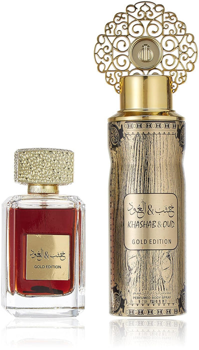 Arabiyat Khashb Oud Gold Perfume Gift Set For Unisex, Eau De Parfum, 100 Ml + Deodorant, 200 Ml