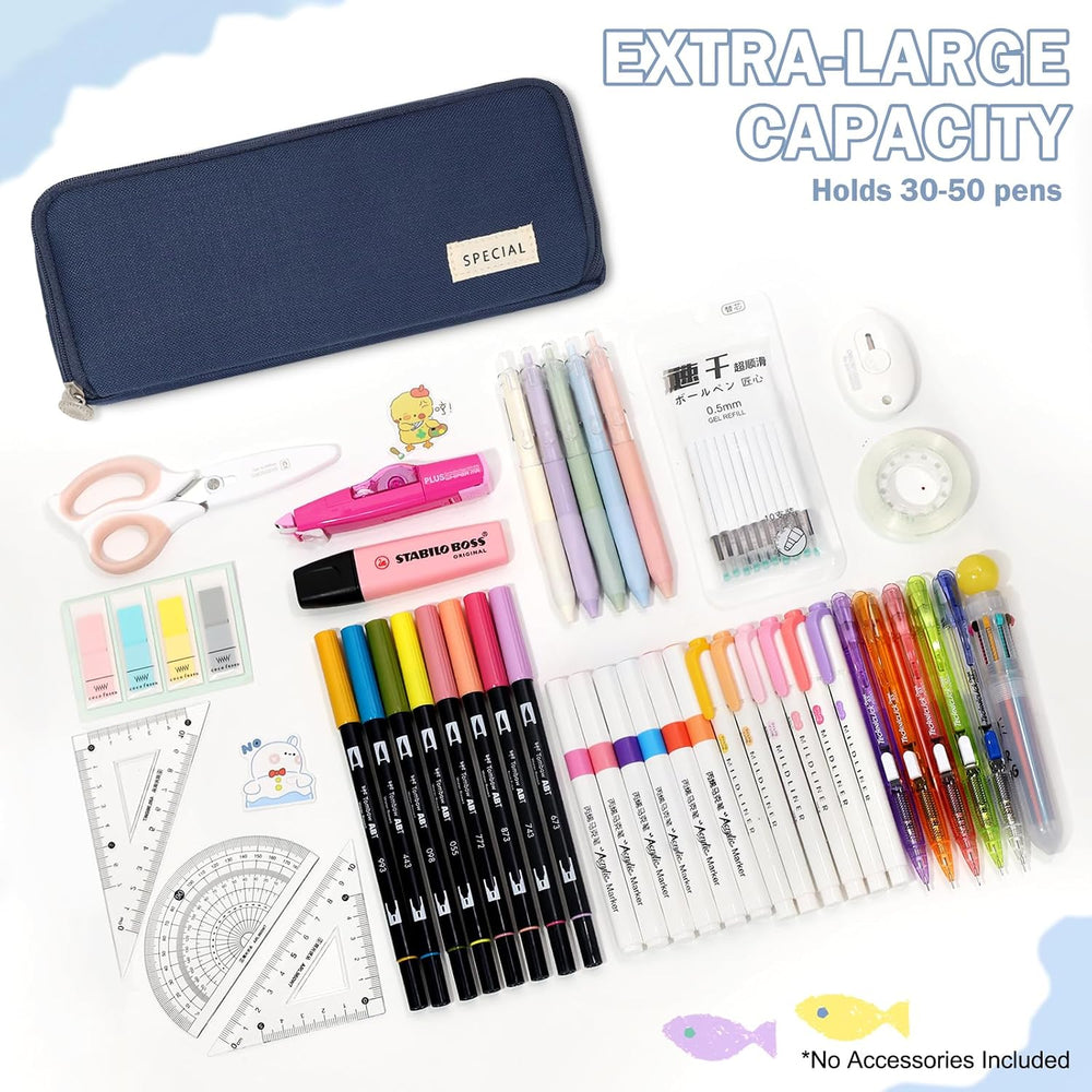 Cicimelon Pencil Case Large Capacity Pouch 3 Compartments Bag Gift For Students Girls Adults Women (Navy)