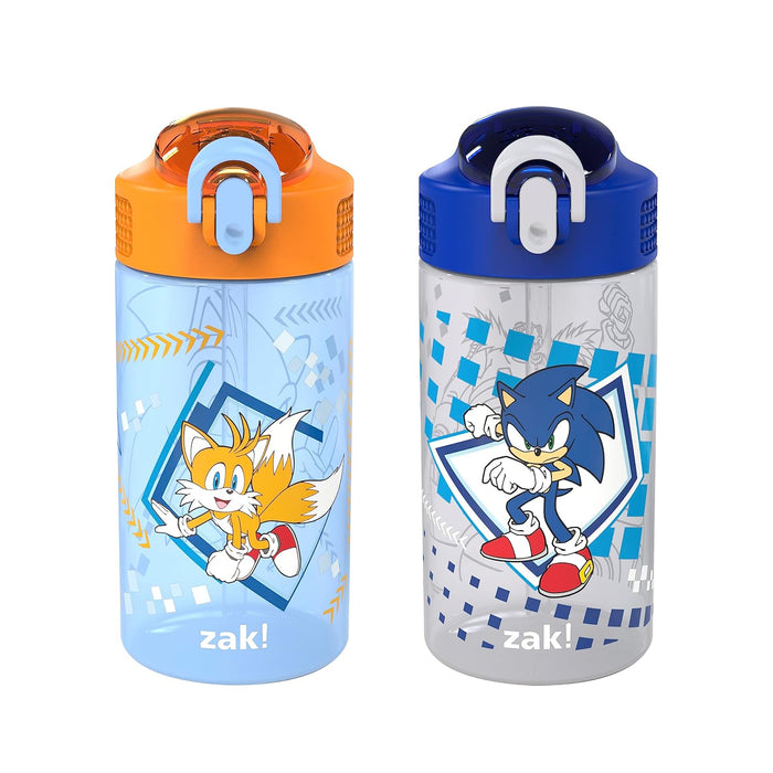 Zak Designs Sonic the Hedgehog Kids Water Bottle For School or Travel, 16oz 2-Pack Durable Plastic Water Bottle With Straw, Handle, and Leak-Proof, Pop-Up Spout Cover (Sonic, Tails)