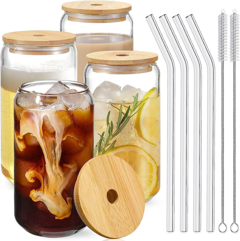 HOOJO Drinking Glasses with Bamboo Lids and Glass Straw 4pcs Set - 16oz Can Shaped Glass Cups, Iced Coffee Glasses, Cute Tumbler Cup, Ideal for Mocktails & Cocktails, Gift - 2 Cleaning Brushes (4)