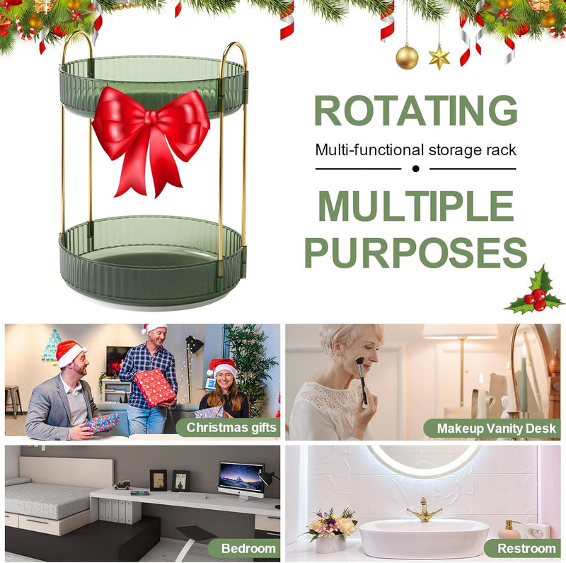 INVSSENE 360° Rotating Makeup Organizer, Bathroom Make Up Spinning Holder Rack, Large Capacity Cosmetics Storage Vanity Shelf Countertop, Fits Cosmetics, Perfume, Skincare, Lipsticks(2 Tiers, Green)