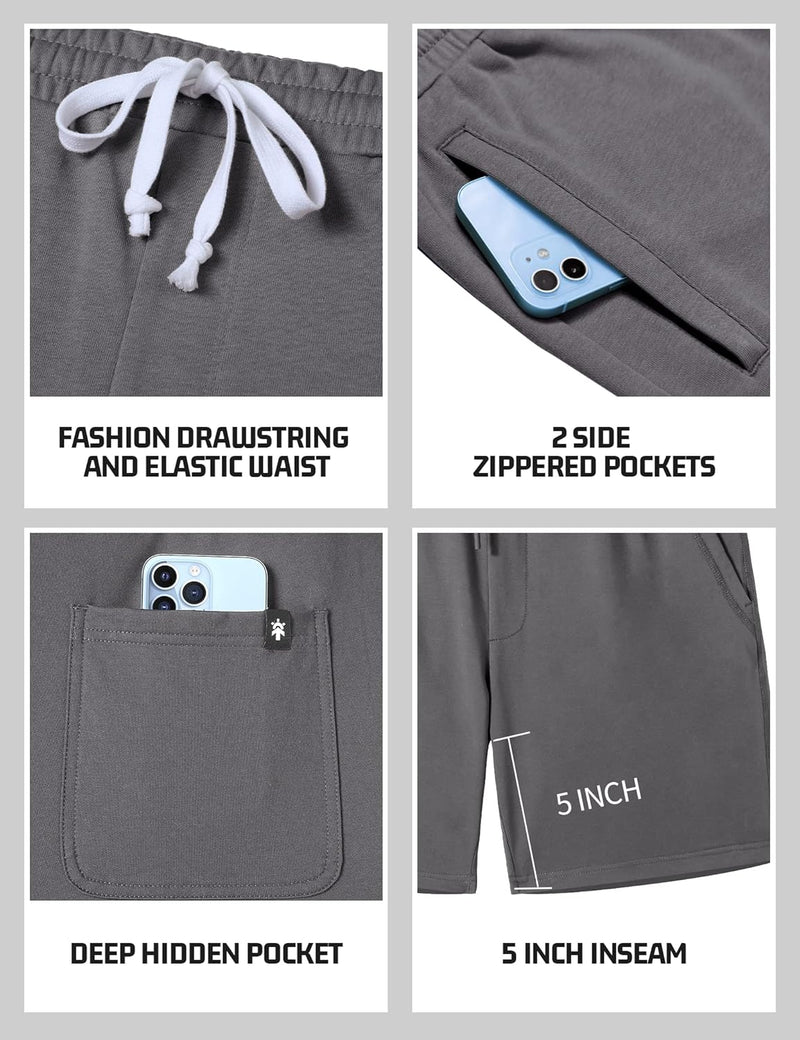 Men's Athletic Gym Shorts with Zipper Pockets 5.5" Elastic Waist Casual Cotton Sweat Short Pants for Pajama Jogger Sport