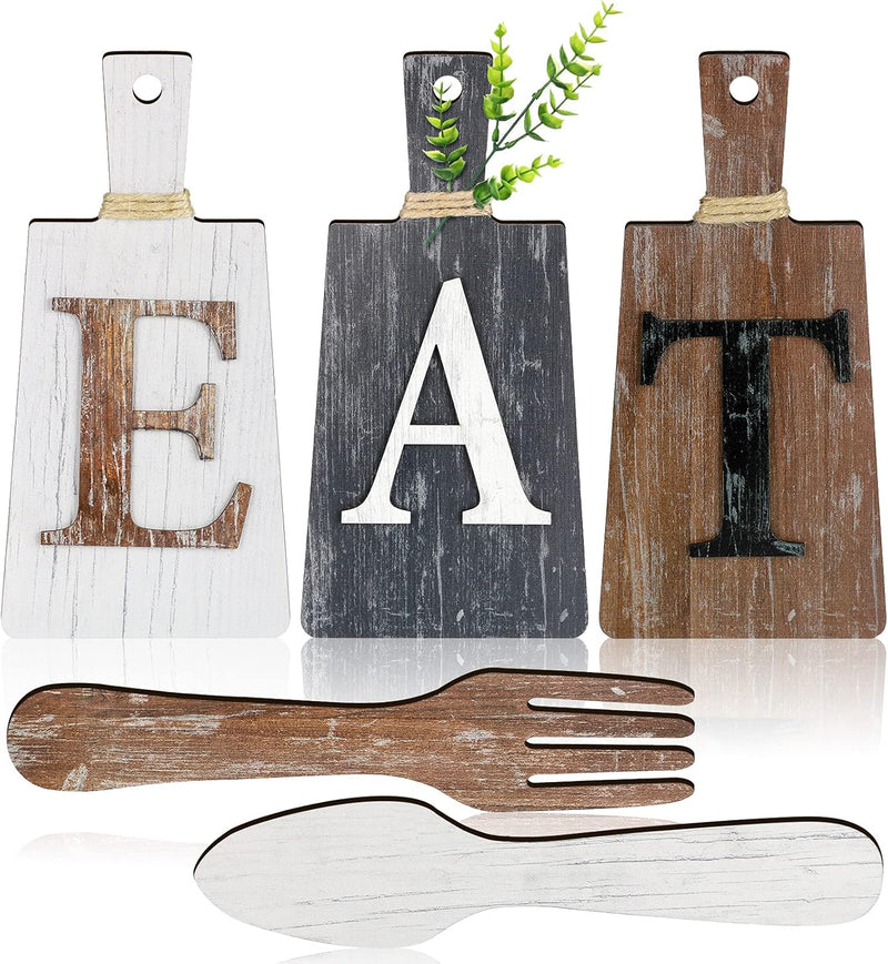 Jetec Cutting Board Eat Sign Set Hanging Art Kitchen Fork and Spoon Wall Decor Rustic Primitive Country Farmhouse for Home Decoration ()