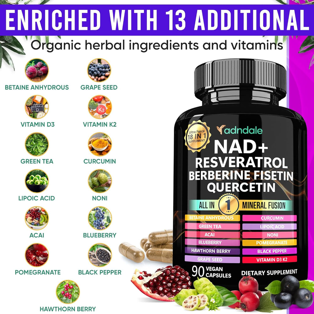 NAD Supplement 300mg & Resveratrol 1000mg Organic. Proprietary Longevity Formula with Liposomal NAD+, Trans Resveratrol, Quercetin, Betaine Anhydrous, Grape Seed, Fisetin. 90 Capsules, 9555mg/Serv.