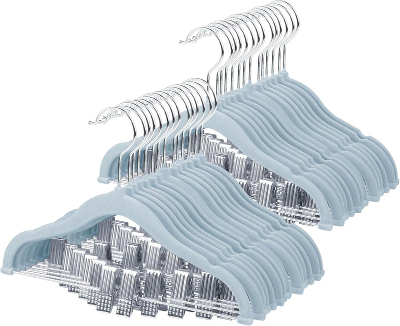 ManGotree 11.8'' Baby Velvet Hangers with Movable Clips, Non-Slip Kids Felt Hangers, Ultra-Thin Space-Saving Children's Clothes Hangers for Skirts, Pants, Dresses, Shirts, Jackets (7 Pack, Blue)