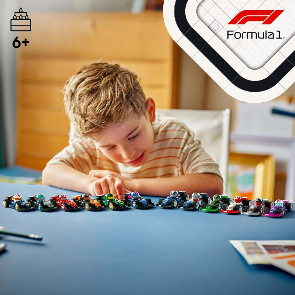 Minifigures F1 Collectible Race Cars Toys - Get 1 of 12 Mini Car Models with Drivers Helmets & Moving Wheels - Formula 1 Teams incl. Ferrari, Mercedes, McLaren, Red Bull - Mystery Box - 71049