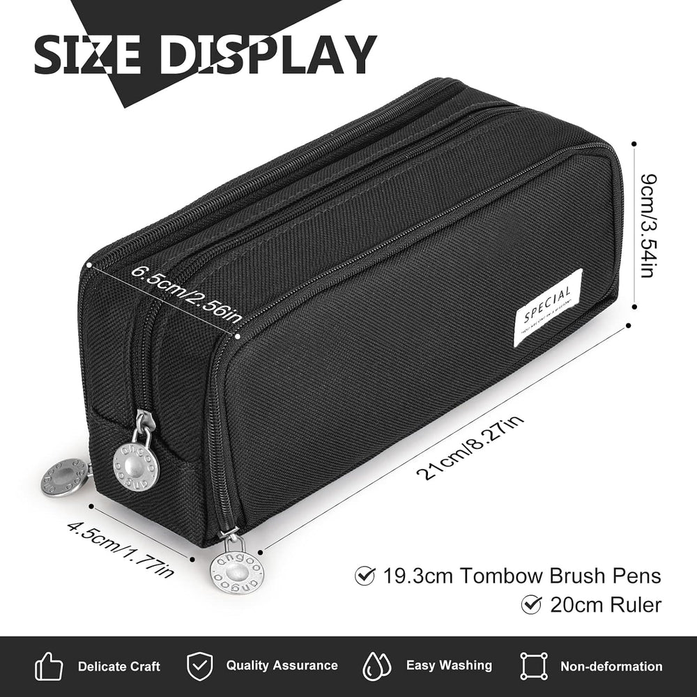 Large Capacity Pencil Case 3 Compartment Pouch, Pen Bag for School Teen Girl Boy Men Women (Black)