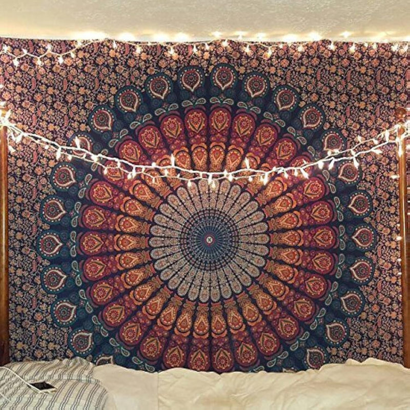 Bless International, Indian Wall Hanging Psychedelic Hippie Bohemian Peacock Mandala Tapestry Bed Sheet Gold Pink Blue King 225x265cm