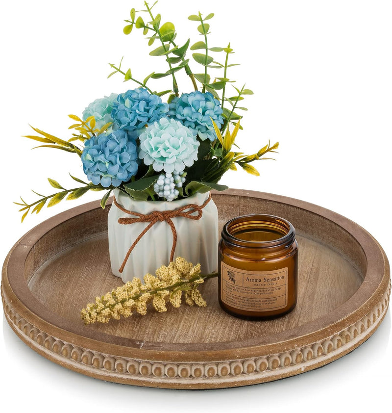 Hanobe Decorative Serving Tray Wood: White Washed Bead Round Tray Decor for Coffee Table Rustic Wooden Trays Farmhouse Centerpiece for Living Room Kitchen Counter