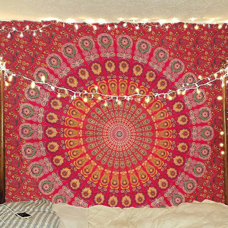 Bless International, Indian Wall Hanging Psychedelic Hippie Bohemian Peacock Mandala Tapestry Bed Sheet Gold Pink Blue King 225x265cm