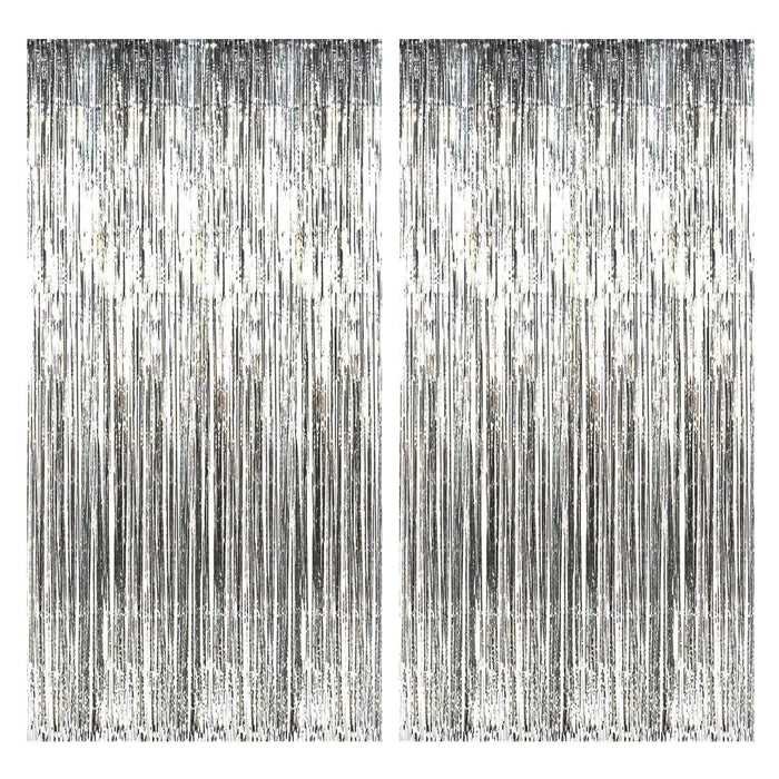 BrainGiggles Silver Metallic Foil Fringe Curtain Pack of 2� 6Ft x 3Ft Self Adhesive Tinsel Streamers Party Backdrop for Birthday, Bachelorette, Wedding, Baby Shower, Eid, Graduation Party Decorations