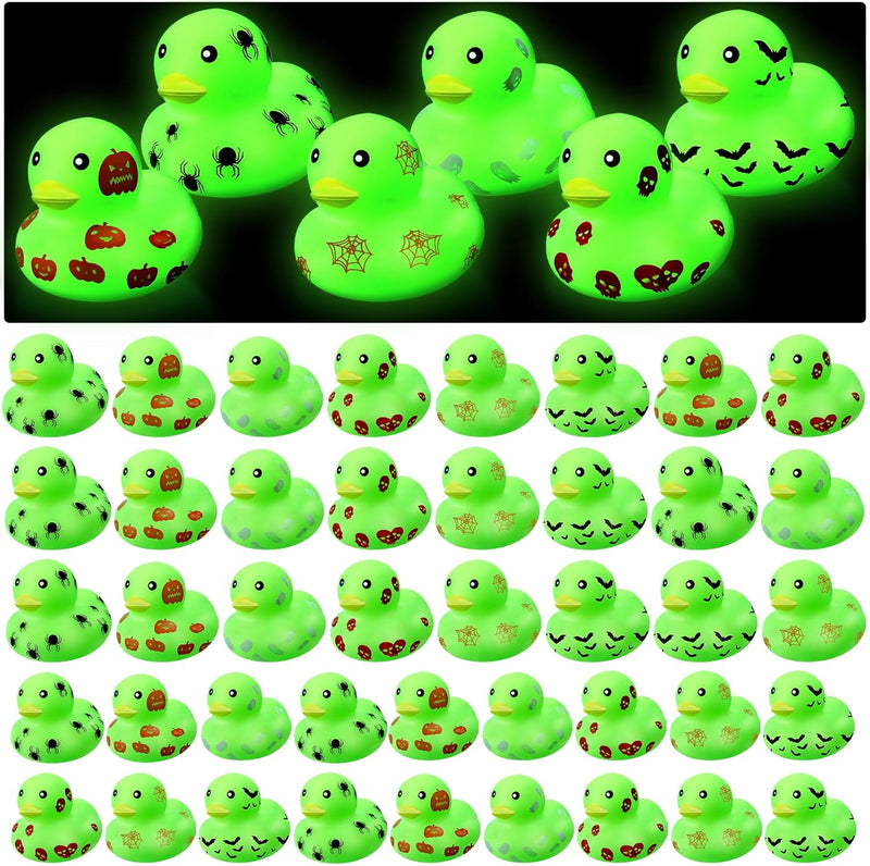 Jenaai Halloween Mini Glow in The Dark Ducks Light up Rubber Duckies, 6 Styles, Assorted Trick or Treat Tiny Float Squeak Bathtub Toys for Kid Birthday Baby Shower Pool Valentine Prize Reward (48)