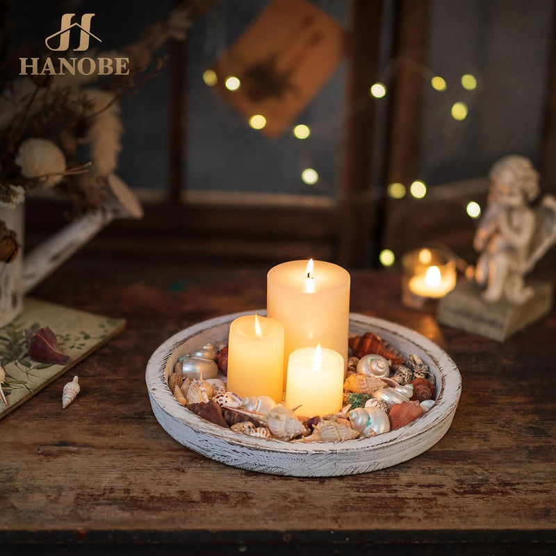 Hanobe Candle Plate Holder Tray: Round Wooden Decorative Candle Plate Small Farmhouse Table Centerpiece Rustic Wood Tealight Pillar Trays for Christmas Wedding Halloween Home Decor