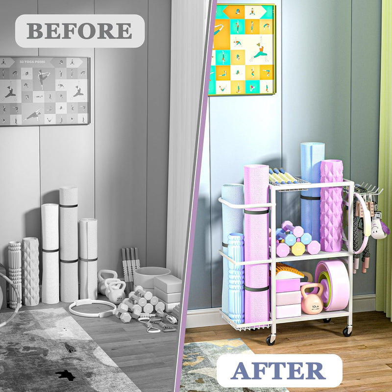 Home Gym Storage Rack, 3 Tier Yoga Mat Storage Rack with Wheel for Yoga Lover, Exercise Equipment and Workout Equipment Organizer, Yoga Mat Holder for Yoga Mats, Foam Roller and Dumbbells