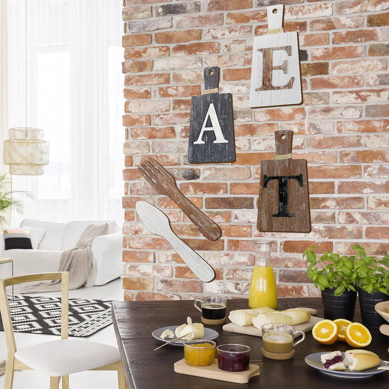 Jetec Cutting Board Eat Sign Set Hanging Art Kitchen Fork and Spoon Wall Decor Rustic Primitive Country Farmhouse for Home Decoration ()