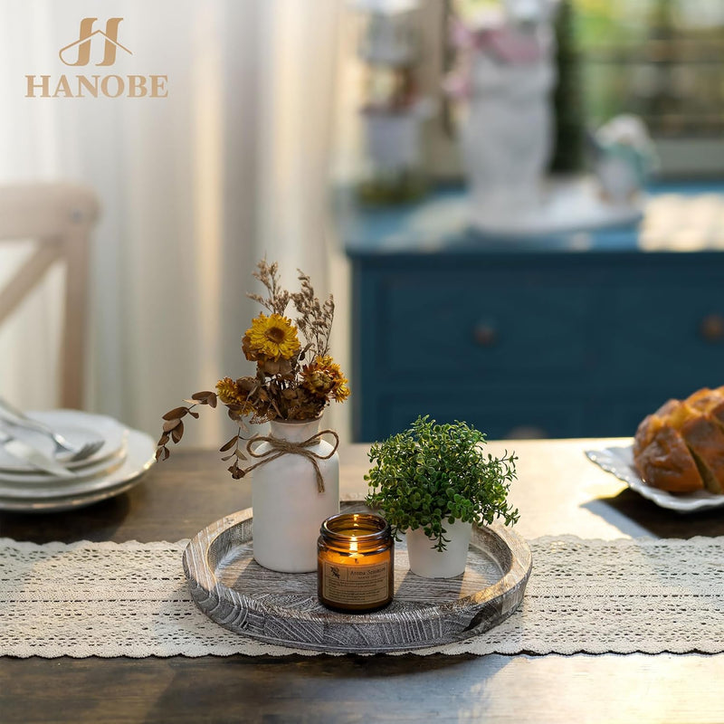 Hanobe Candle Plate Holder Tray: Round Wooden Decorative Candle Plate Small Farmhouse Table Centerpiece Rustic Wood Tealight Pillar Trays for Christmas Wedding Halloween Home Decor