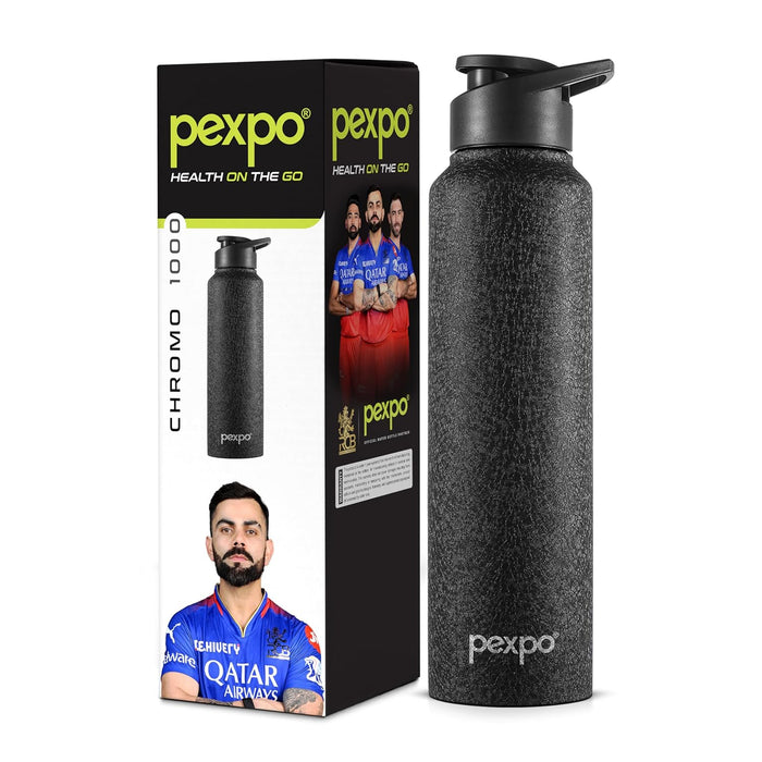PEXPO Chromo Stainless Steel Sports/Fridge Sipper Water Bottle 1 Litre, Black | Eco friendly | BPA Free | Water Bottle for Office, Gym/Workout, School, Yoga, Trekking, Men, Women and Kids
