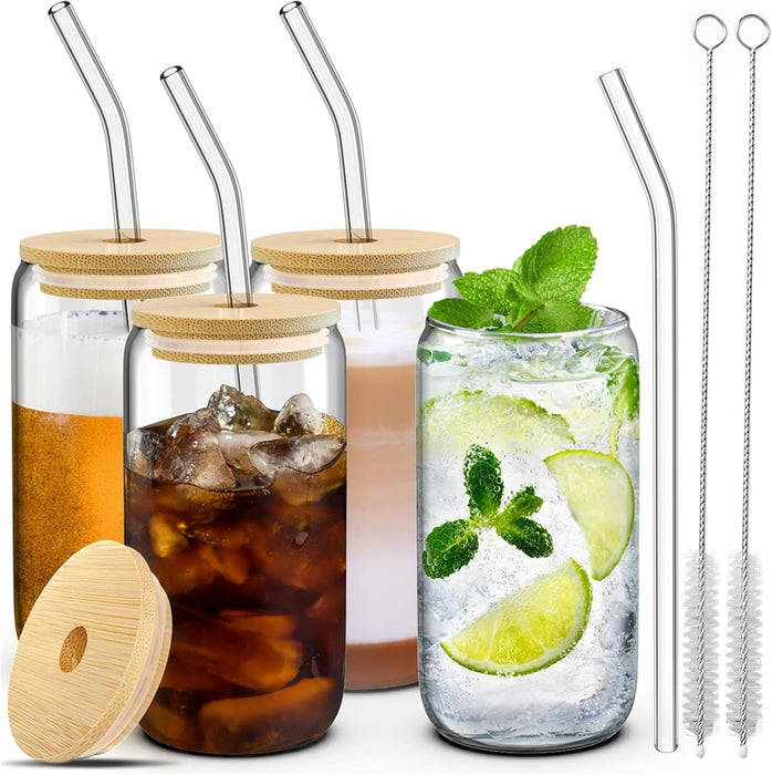 CasaWave 4 Drinking Glasses with Bamboo Lids and Glass Straw - 4 Pcs Can Shaped Glass Cups, Iced Coffee Cups, Cute Tumbler Cups with 2 Cleaning Brush, Ideal for Cocktail, Soda, Tea, Gift