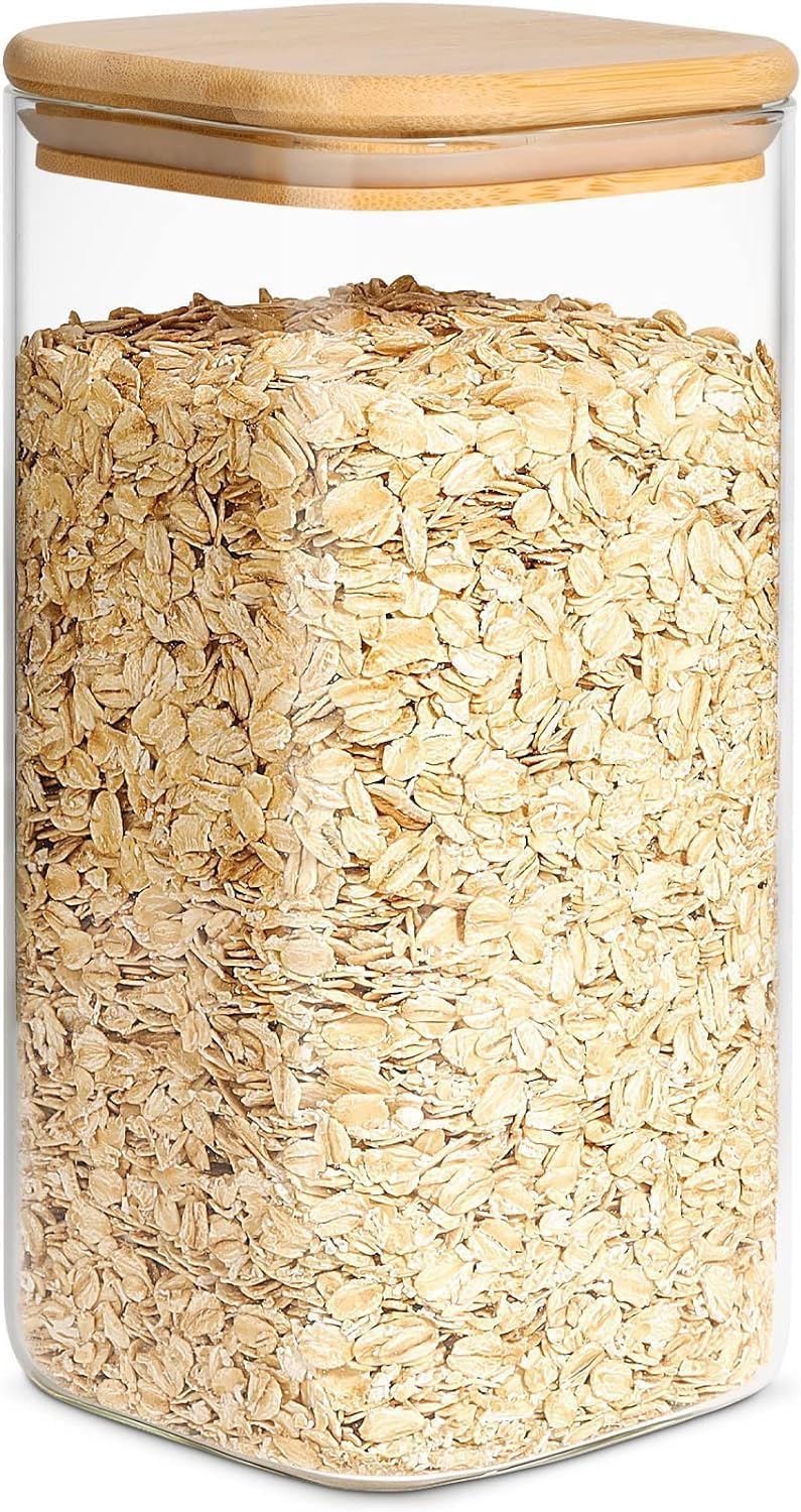 SKY-TOUCH Glass Food Storage Jars Containers set 1.5L,with Airtight Bamboo lids Set of 2,for Spices Noodles Flour Cereal Rice Sugar Tea Coffee Beans, Square (2 Pack, 1500ml)