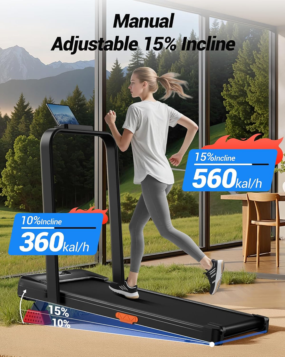 Treadmill with 15% Incline Walking Pad Running Machine 10KM/H 3HP Motor Under Desk Electric Folding Treadmills 4-in-1 for Home Compact Portable Quiet 136KG Capacity with Remote Control LED Display