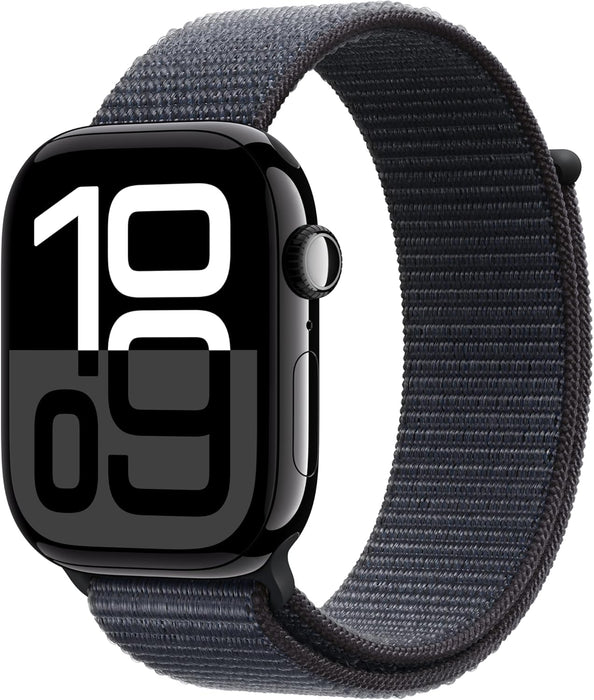 Apple Watch Series 10 GPS + Cellular 46 mm Smartwatch with Jet Black Aluminium Case with Ink Sport Loop - One Size. Fitness Tracker, ECG App, Always-On Retina Display, Carbon Neutral