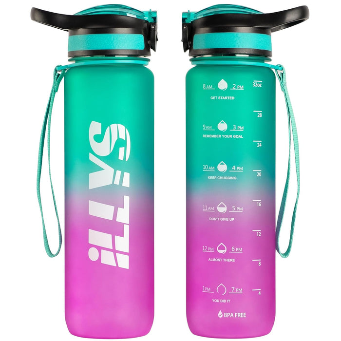 Sport Water Bottle 1L / 32oz with Motivational Time Marker Straw Strainer Tritan Plastic BPA Free Bottles for kids Fitness Gym Office Outdoor School Sports and Exercise Leak Proof (Green & Purple)