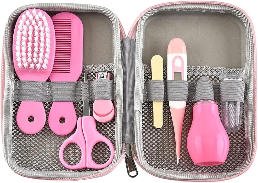 Joyzzz Baby Hair Brush, Baby Beauty Set, 8-in-1 Baby Grooming Kit, Baby Care Items, Baby Care Essentials Set, Baby Supplies Set,Nail Clipper, Hose Cleaner, For Baby Body Care Beauty Kit (Pink)