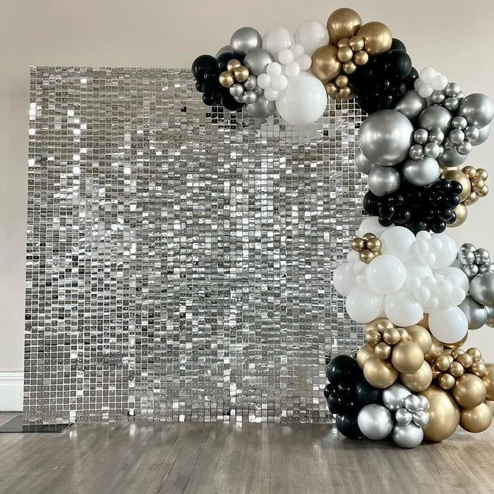 HNYEMDISP Silver Shimmer Backdrop Square Sequin Wall Panels Shimmer Backdrop Panel Disco Backdrop Glitter Wall Background for Birthday Anniversary Wedding Engagement Decoration (24 Panels)