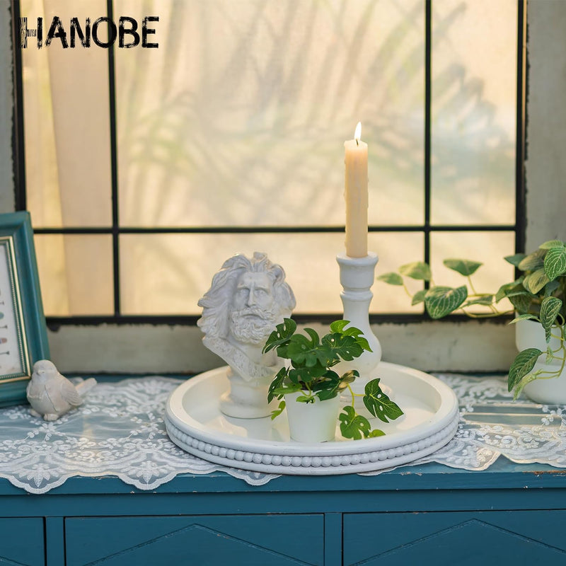 Hanobe Decorative Serving Tray Wood: White Washed Bead Round Tray Decor for Coffee Table Rustic Wooden Trays Farmhouse Centerpiece for Living Room Kitchen Counter