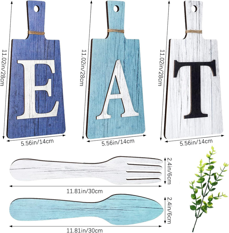 Jetec Cutting Board Eat Sign Set Hanging Art Kitchen Fork and Spoon Wall Decor Rustic Primitive Country Farmhouse for Home Decoration ()