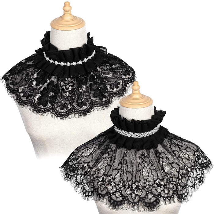 Neck Ruffle Collar, Fake Collar Black Lace Lolita Neck Ruffle Collar Cape, Detachable Elizabethan Style False Floral Layered Collar for Women Girls Evening Dress Accessory for Women Girls(2 Pcs)