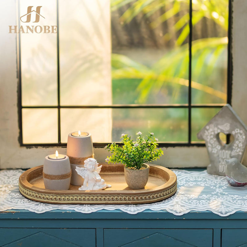 Hanobe Decorative Serving Tray Wood: White Washed Bead Round Tray Decor for Coffee Table Rustic Wooden Trays Farmhouse Centerpiece for Living Room Kitchen Counter