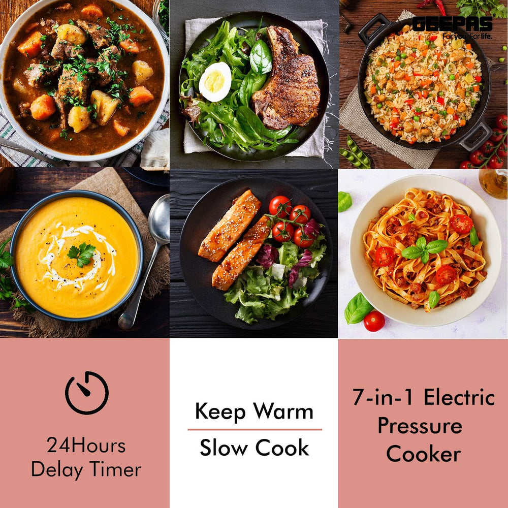 1000W 7-in-1 Electric Pressure Cooker, Steamer 6L Digital Multicooker Stainless Steel/Black 14 Cooking Modes, Automatic Keep Warm & 24 Hours Preset Function 2 Years Warranty