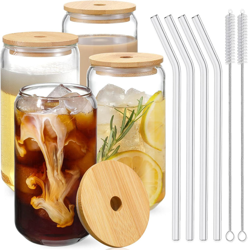 HOOJO Drinking Glasses with Bamboo Lids and Glass Straw 4pcs Set - 16oz Can Shaped Glass Cups, Mocktail Glasses, Iced Coffee Glasses, Cute Tumbler Cup, Ideal for Cocktail,Gift - 2 Cleaning Brushes