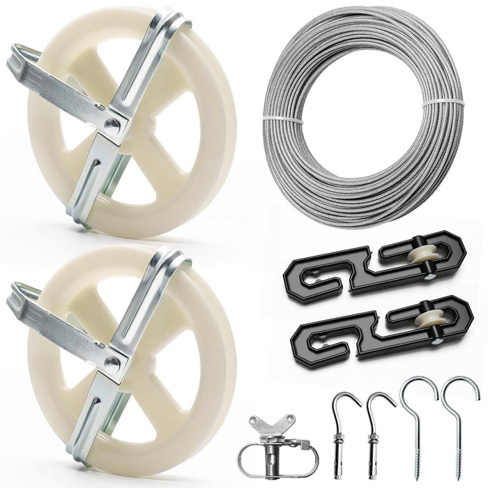Anglekai Outdoor Clothesline Kit, Clothesline Pulley Kit Include 150FT Clothes Line/ 2 Pulley/ 2 Separator Spreader/Tightener/ 4 Hooks for Outdoor Clothes