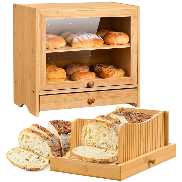 Bamboo Bread Box with Bread Slicer, Corner Bread Box for Kitchen Countertop, Bread Box for Homemade Bread with Window, Bamboo Bread Box for Kitchen Countertop, Pantry Counter Corner