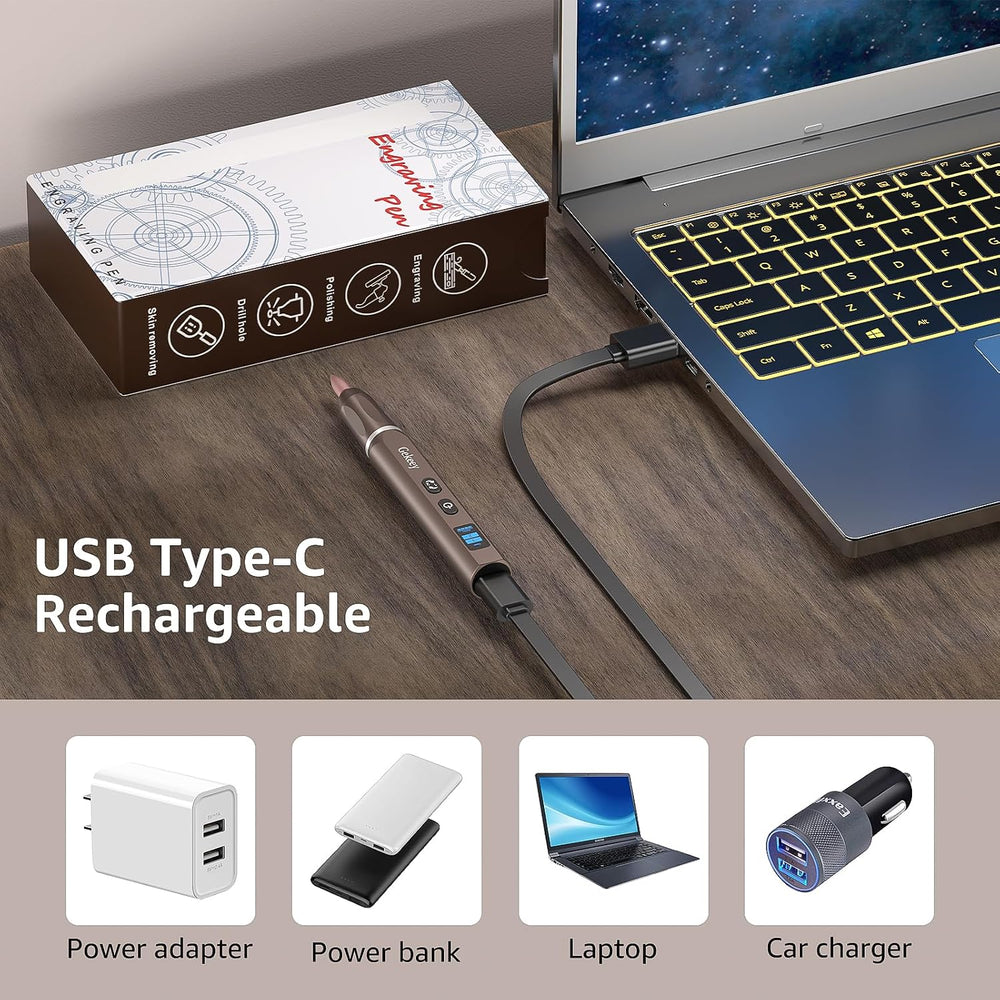 Electric Engraving Pen, Cordless Rechargeable Mini Rotary Tool with 42 Bits, Aluminum Body, Variable Speed, Portable Engraver Pen for Metal Wood Glass and Plastic, Brown