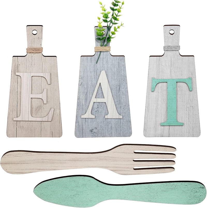 Jetec Cutting Board Eat Sign Set Hanging Art Kitchen Fork and Spoon Wall Decor Rustic Primitive Country Farmhouse for Home Decoration ()
