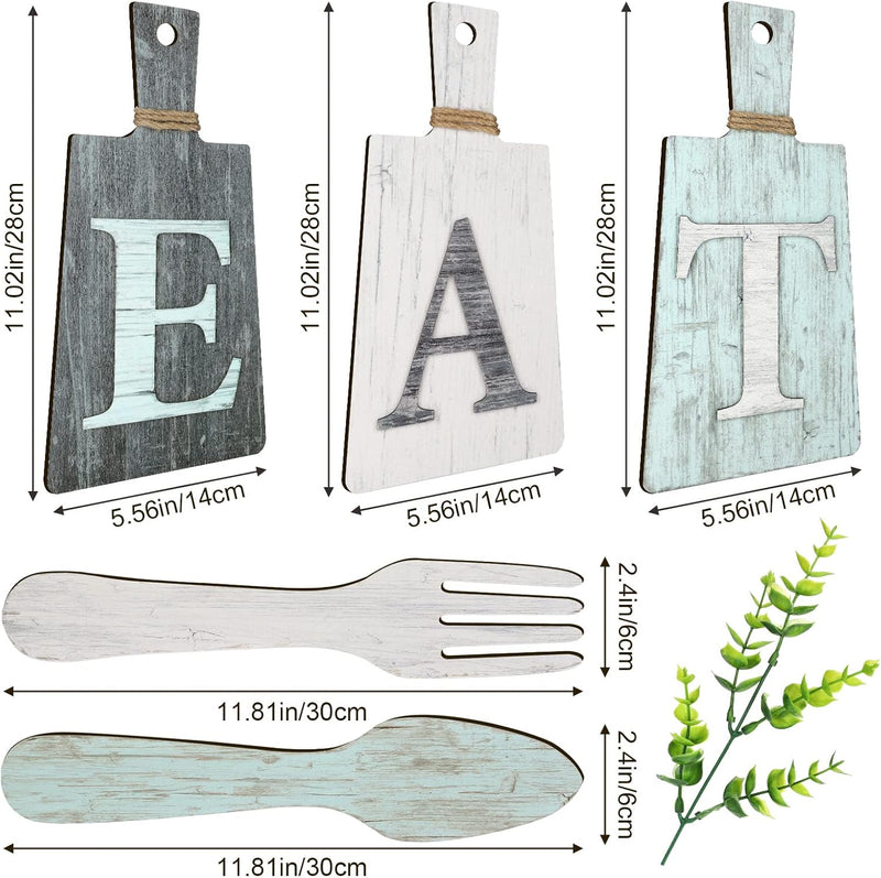 Jetec Cutting Board Eat Sign Set Hanging Art Kitchen Fork and Spoon Wall Decor Rustic Primitive Country Farmhouse for Home Decoration ()