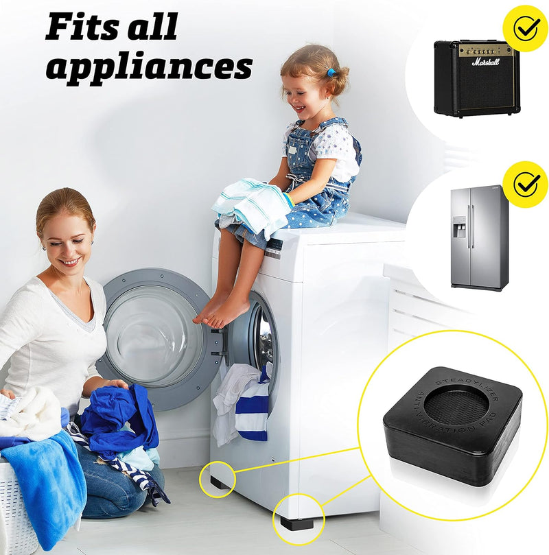 Steadylizer Anti Vibration Pads for Washing Machine - 4pc - Prevent Your Washer and Dryer From Walking and Reduce Noise - High Friction Hard Wearing Square Rubber Foot Pads -