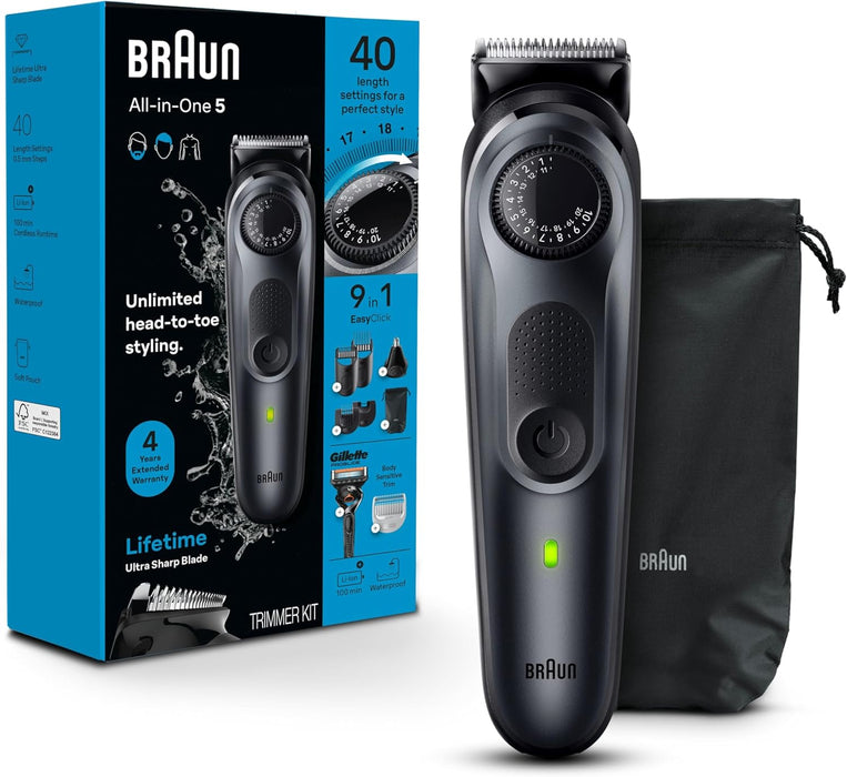 Braun All-in-One Style Kit Series 5 5471, 8-in-1 Trimmer for Men with Beard Trimmer, Body Trimmer for Manscaping, Hair Clippers & More, Ultra-Sharp Blade, 40 Length Settings, Waterproof