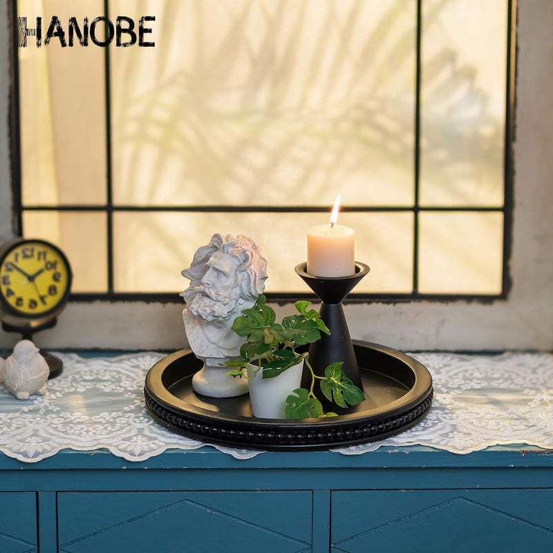 Hanobe Decorative Serving Tray Wood: White Washed Bead Round Tray Decor for Coffee Table Rustic Wooden Trays Farmhouse Centerpiece for Living Room Kitchen Counter