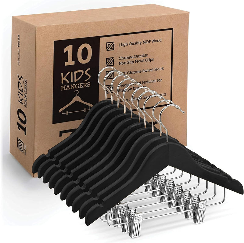 High-Grade Wooden Childrens/Kids Hangers with Clips (10 Pack) Smooth & Durable Wood Baby Hangers/Nursery Hangers 360° Hook & Cut Notches- Great Toddler Hanger for Dress Skirts Pants (WHITE, 10 PACK)