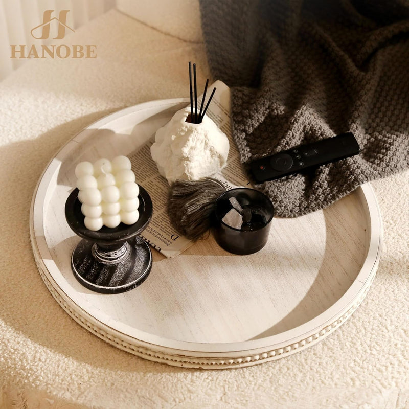 Hanobe Decorative Serving Tray Wood: White Washed Bead Round Tray Decor for Coffee Table Rustic Wooden Trays Farmhouse Centerpiece for Living Room Kitchen Counter