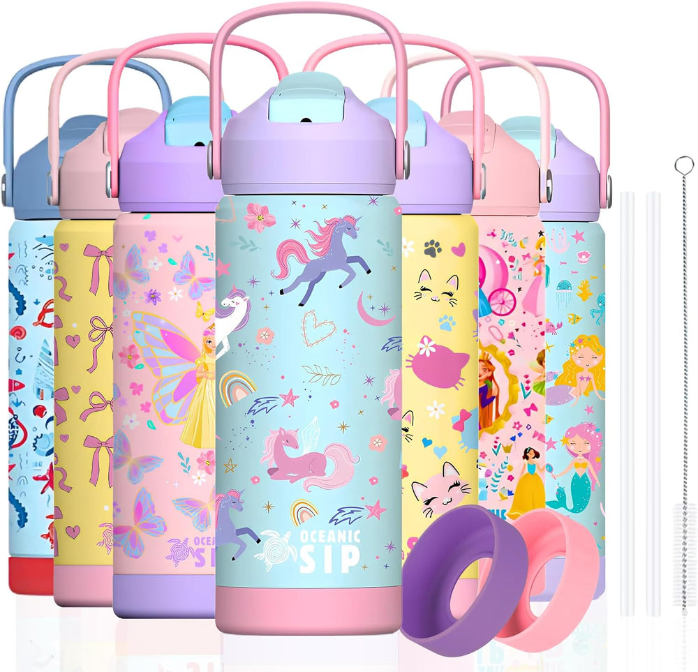 550ml Girls Premium Stainless Steel Water Bottle with Straw Leak-Proof, Double-Wall Vacuum Insulated Kids Flask for School & Sports, BPA-Free (Mermaid, 550ml)