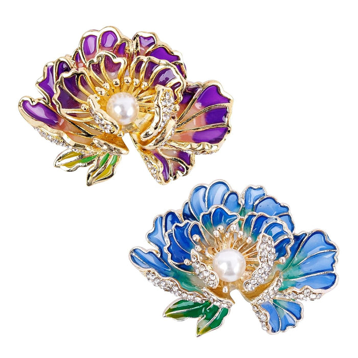 Framendino, 2 Pack Peony Enamel Brooch Pin Metal Flower Badges Lapel Pins Metal Pearl Brooches for Women (Purple and Blue), 2 Pack, Metal, no gemstone